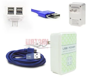 4 USB PORT WALL ADAPTER+10FT CABLE POWER CHARGER BLUE FOR GALAXY S4 S3 S2 NOTE 2 - Photo 1/1