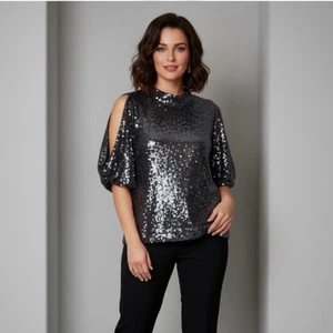 Ann Taylor Damen kleine schwarz silber Pailletten Peak-A-Boo Ärmel Urlaub Bluse Neu mit Etikett - Bild 1 von 10