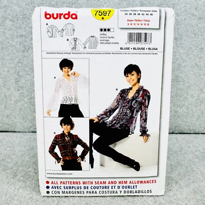 Burda 7597 Shirt Blouse w V Neck Long Sleeves Misses Size 8 20 Sewing Pattern - Image 1 of 4