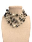 Furla Italy Long Black And White Faux Pearl Crystal  And Metal Link Necklace Vg