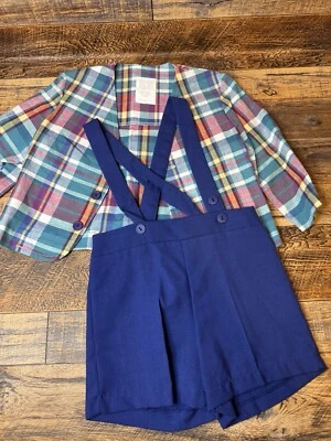 Vintage 2 Piece Boys Suspender Shorts Set with Plaid Jacket Boys 2T - Image 1 of 4