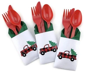 Buffalo Plaid Christmas Tree Truck Cutlery Bags Paper Napkins Utensils 12 Set - Picture 1 of 4