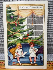 Antike Weihnachts Postkarte 1921 geprägt Weihnachtsbaum Kinder mit Porto signiert - Bild 1 von 6