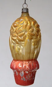 Vintage Antik Glas Gold Hyazinthe Blume geprägt Weihnachtsschmuck Germany - Bild 1 von 9