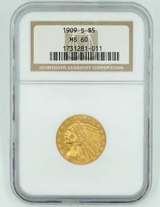 1909-S NGC MS60 $5 Gold Indian - Picture 1 of 3