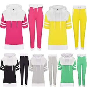 Mujer Damas Contraste 2 PIEZAS Mangas Cortas Sudadera con Capucha 3/4 Corredores Prendas de salón Traje de chándal - Imagen 1 de 1