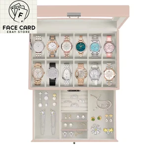 12-Slot PU Leather Watch and Jewelry Box, 2-Tier Lockable Organizer W/Glass Lid, - Bild 1 von 12