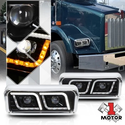 Black Projector Headlight [DUAL LED DRL] for 81-19 Kenworth T600A/W900 Peterbilt - Image 1 of 4