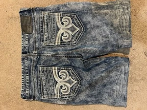 EUC Affliction Blue Jeans Men’s Size 36X33 GAGE Distressed Acid Wash - Picture 1 of 5
