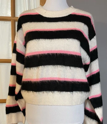 Suéter Pullover H&M Dividido Para Mujer M Rosa Difuso Negro Rayas Acogedor Foto 1 de 4