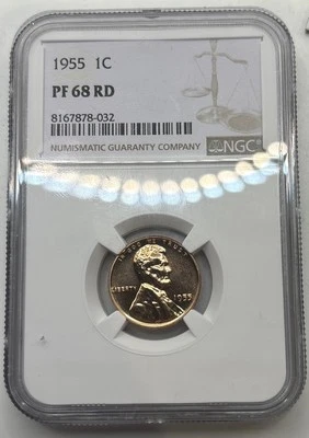 1955 NGC PF68 RD RED PROOF LINCOLN WHEAT PENNY 1C ONE CENT WHITE LABEL #70 - Image 1 of 2