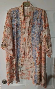 Karen Seo Beautiful Orange And Blue Silk Like Kimono Jacket Size Large - Picture 1 of 9