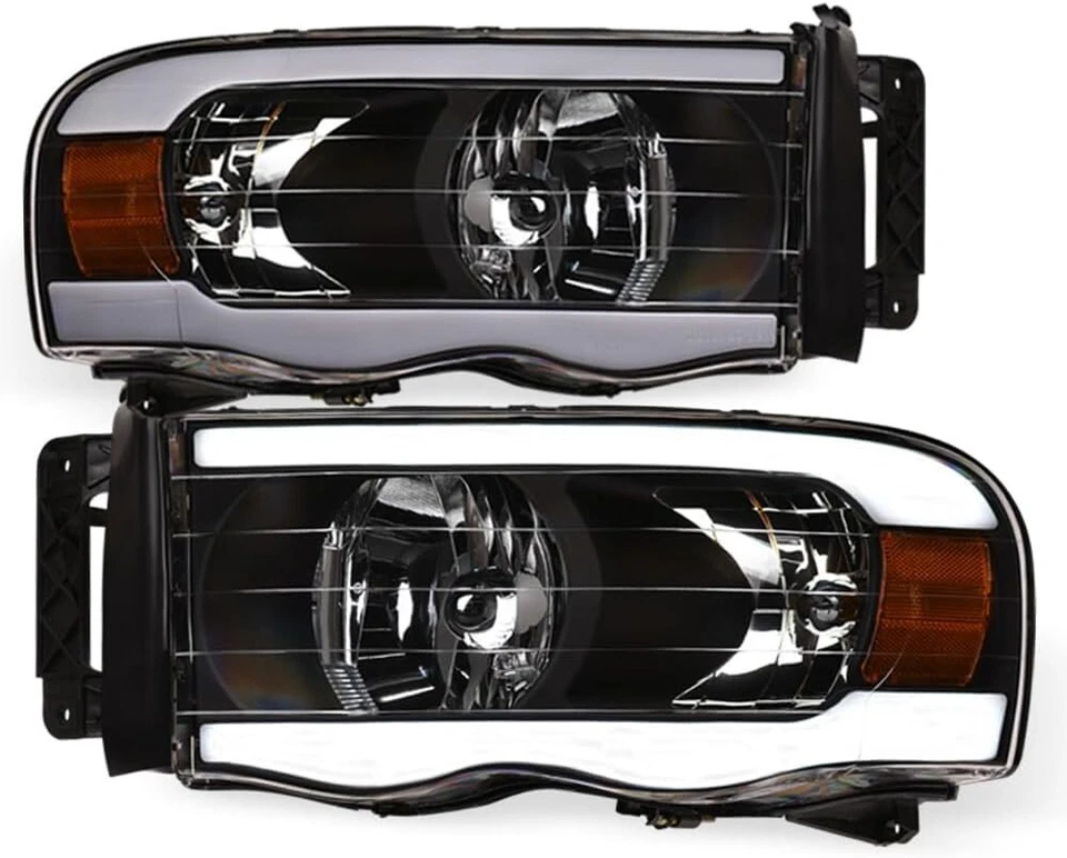 For 2002-2005 Dodge Ram 1500 2500 3500 LED DRL Headlights Black Housing Pair L+R - Image 1 of 4