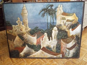 Vintage Mid century MIXED MEDIA ABSTRACT BRUTALIST MISSIONS PAINTING MIRELLA - Picture 1 of 12