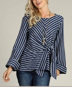 Suzanne Betro Women's 2X blue navy white Striped Blouse Long Sleeve Front Tie - Picture 1 of 9