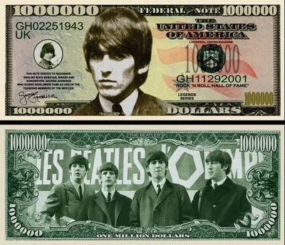 George Harrison of Beatles Million Dollar Bill Novelty Funny Money + FREE SLEEVE