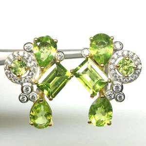 Unheated Green Peridot & Cubic Zirconia Earrings 925 Sterling Silver - Picture 1 of 4