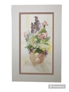 Quadro acquerello arte originale vintage vaso fiori firmato B. Duff opaco 11"x 6" - Foto 1 di 5