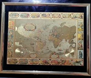 Arte óptico ilusorio vintage mapa del viejo mundo manifestaciones oro década de 1980 RARO - Imagen 1 de 2