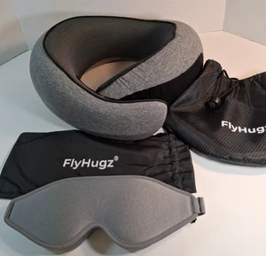 FlyHugz Travel Neck Pillow + Sleep Mask Gray Memory Foam New w Storage Bags - Picture 1 of 3