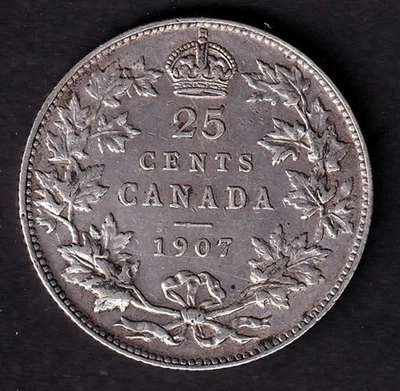 Canada 1907 25c Twenty Five Cent Silver Quarter King Edwards VII VF .925 Silver - Image 1 of 2