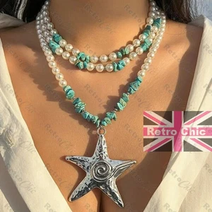 Big Silver Starfish Pendant Faux Pearl Turquoise Nugget Gem Charm NECKLACE Beach - Picture 1 of 7