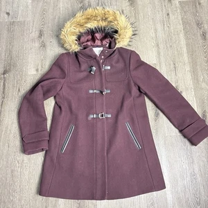 Cole Haan Signature Damen 8 Wollmischung Mantel Kunstfell Kapuze Bordeaux - Bild 1 von 15