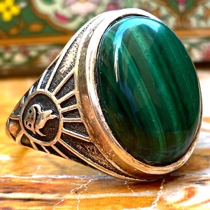 925k Men Handmade Malachite Gemstone Ring , With Men Silver Oval Gemstone Ring - Picture 1 of 10