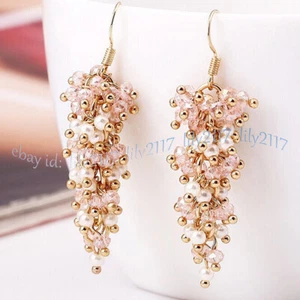 4mm Round White Shell Pearl 3x4mm Faceted Pink Crystal Dangle Gold Hook Earrings - Picture 1 of 8