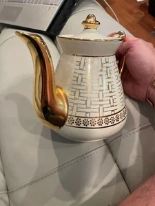 Hall 6 Cup Coffee Pot, Pale Yellow/Ivory With Gold, Weave Pattern, 9 X 6 X 7"H, - Picture 1 of 6
