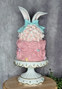 Easter Cake Bunny Ears On Pedestal Resin 14" Pink Bow Flowers Glitter Candy NEW - Picture 1 of 7