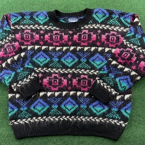 Vintage Striped Mohair Sweater Mens M Gray 90S Aztec Knit Pattern Sweatshirt - Picture 1 of 6