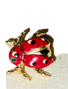 Brooch Ladybug Pin Gold Tone Enamel Rhinestone Eyes Vintage Women’s Jewelry - Picture 1 of 3