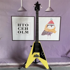 Custom 4-strunowa żółta elektryczna gitara basowa latająca V solidny korpus przetworniki H-H - Zdjęcie 1 z 9