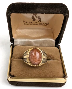 10k Gold Filled Goldstone Art Deco Mod Mens Estate Ring 9.2 grams Size 13 - Picture 1 of 10