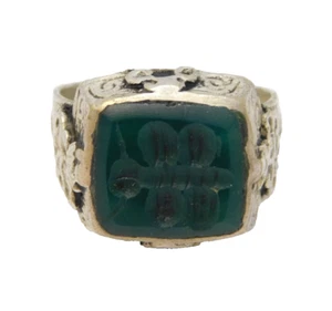 20th Century White Metal Green Agate Insect Intaglio Signet Ring Antique c1920 - Picture 1 of 6