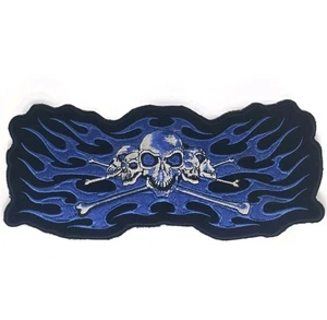 Skulls & Crossbones Flames Embroidered Patch Blue 10" x 4" - Picture 1 of 3