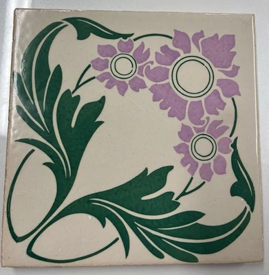 Antique Art Nouveau Ceramic Tile 8" x 8" Majolica Tile 1890s Lavender Flowers - Image 1 of 4