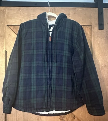 LL Bean Sherpa Lined Flannel Hoodie Women's LARGE Blue Green Scotch Plaid - Image 1 of 4