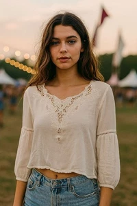 LUSH creme bestickte Bluse S transparent Häkel Langarm Festival Boho Chic - Bild 1 von 8