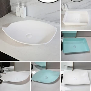 Rectangle/Oval Bathroom Vessel Sink ONLY White/Blue/Gray Resin Basin Bowl +Drain - Picture 1 of 48
