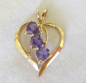 Pretty 10K Yellow Gold Triple Heart Amethyst Pendant - 2.10 gms, 1.0 in, 1.50 ct - Picture 1 of 7