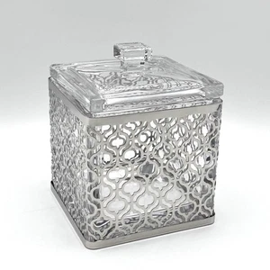 Heavy Clear Glass Lidded Square Jar & Silver Metal Overlay Storage Toiletries - Picture 1 of 8