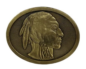 Vintage Indian Head Native American Solid Brass Western Belt Buckle - Picture 1 of 4