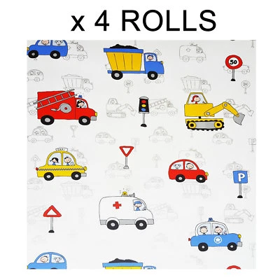 Kids Boys Nursery Wallpaper Cars Fire Engine Police Taxi Truck White Silver x 4 — 第 1/3 张图片