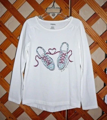 GYMBOREE KNIT TOP ~White With Sparkle Tennis Shoes~Long Sleeve~Girls Size 7 - Image 1 of 2