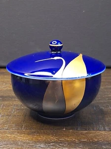 Fukagawa Blue Porcelain Teacup/ Sake Cup & Lid Gold And Silver Crane Motif 3"H - Picture 1 of 14