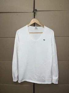 VINTAGE LACOSTE WOMEN’S V-NECK SWEATSHIRT WHITE SIZE 44 PULLOVER LOGO - Picture 1 of 15