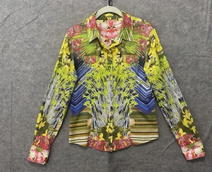 Elie Tahari Blouse Womens Sz L Yellow Pink Geometric Snap Front Pockets - Picture 1 of 6