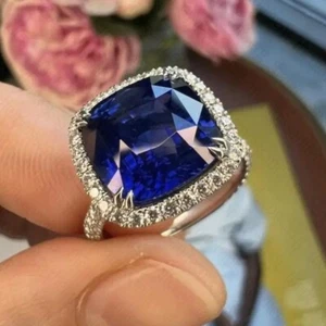 4.12 TCW Cushion Cut Natural Blue Sapphire Halo Engagement Ring 9ct White Gold - Picture 1 of 11